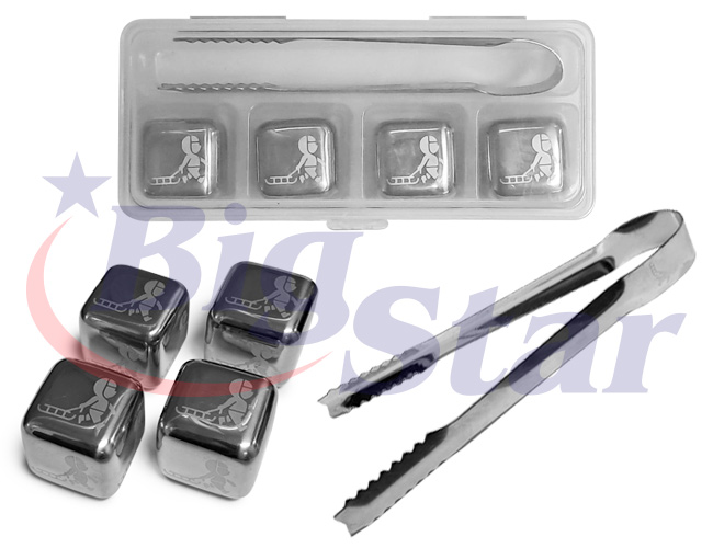 Kit com estojo, pegador e 4 cubos de gelo em inox BIG 3219